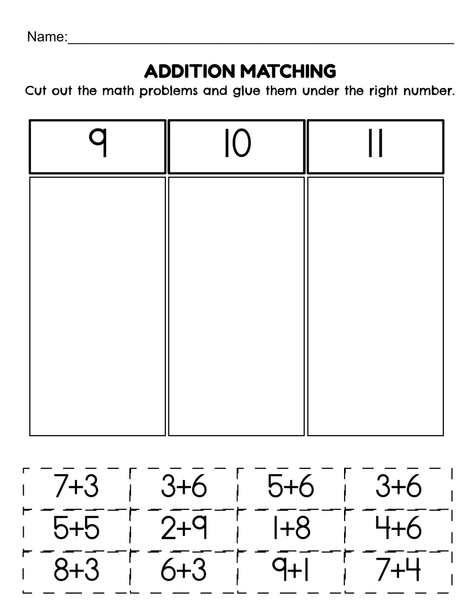 Addition sorting sheet 3: cut and paste 12 facts, including 7+3, 3+6, and 5+6, under labels 9, 10, and 11.