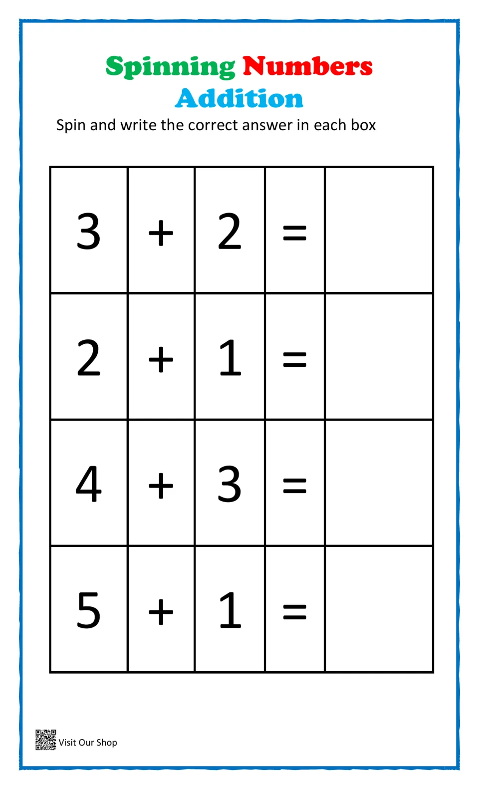 Addition facts within 7: students solve 3 + 2, 2 + 1, 4 + 3 and 5 + 1 by spinning and writing each sum