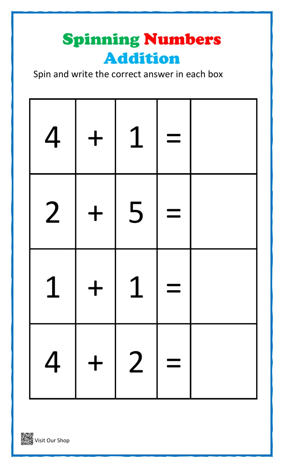 Single-digit addition: students spin to find the sums of 4 + 1, 2 + 5, 1 + 1 and 4 + 2, then write each answer