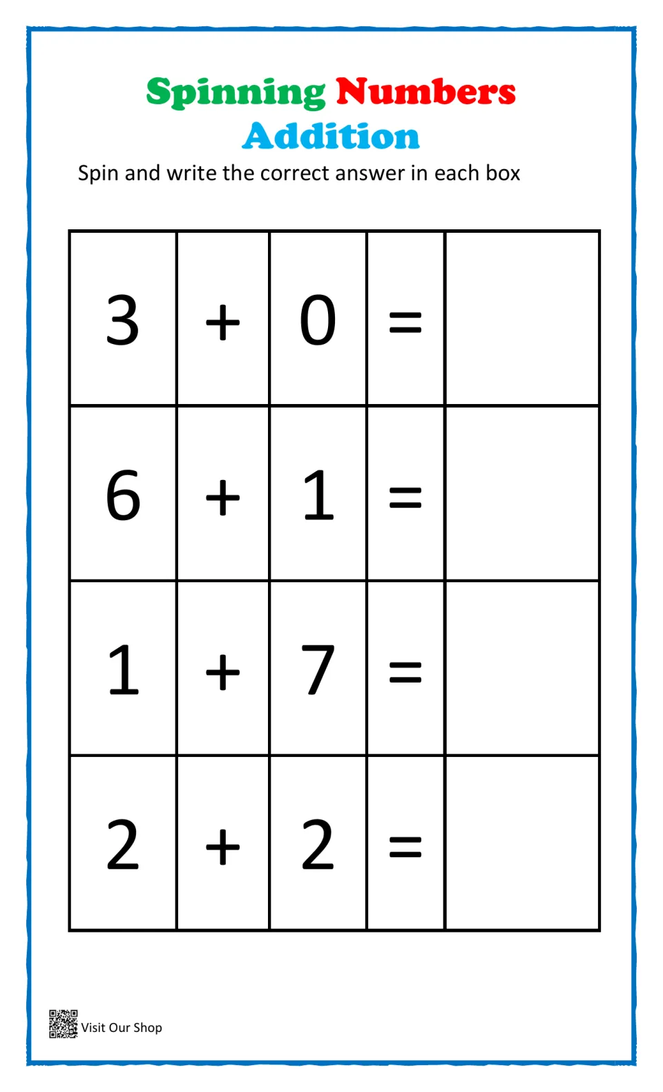 Addition with zero: students spin to answer 3 + 0, 6 + 1, 1 + 7 and 2 + 2, then record each sum