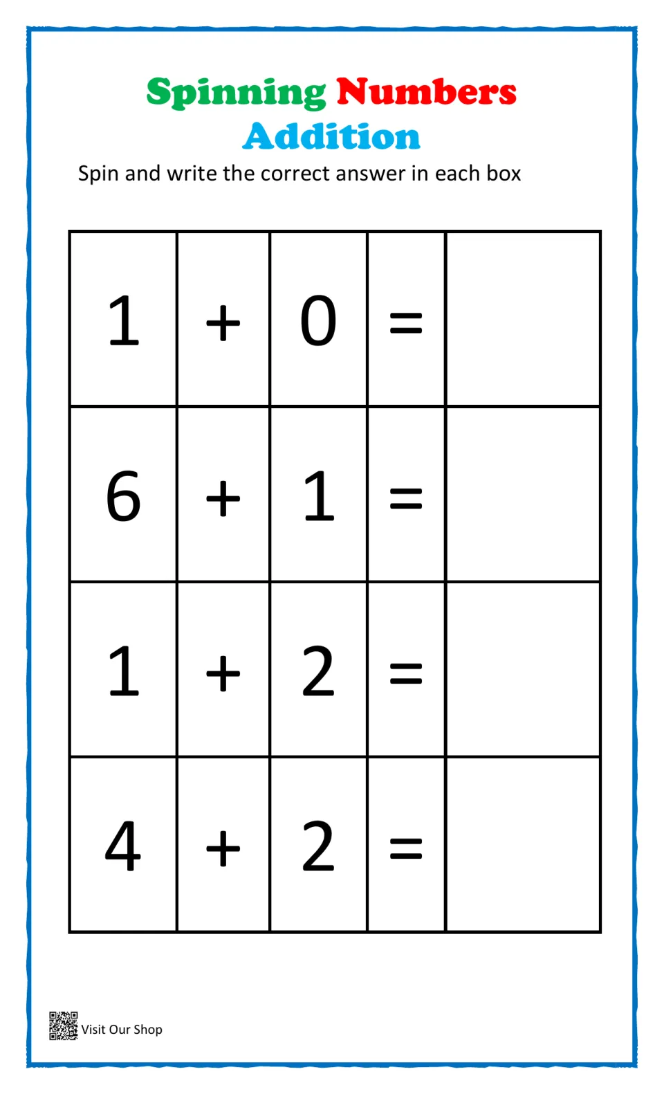 Basic sums to 7: students spin for the answers to 1 + 0, 6 + 1, 1 + 2 and 4 + 2, writing each total beside its equals sign