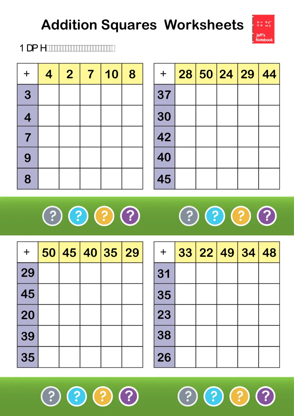 Addition squares: students add each row number to each column number to fill four 5-by-5 tables, from 3+4 up to 45+44