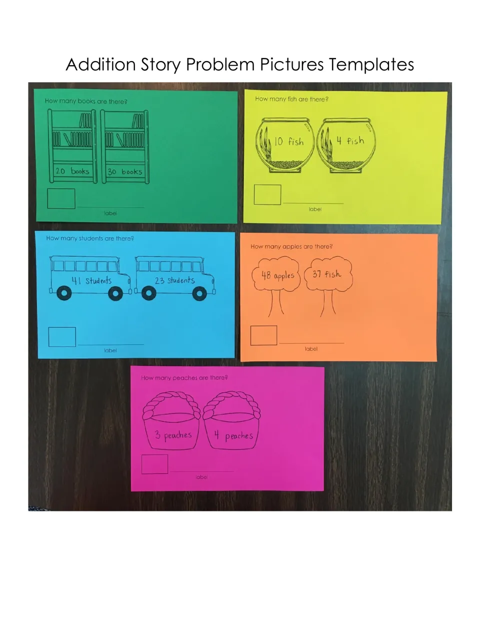 Addition story problem cover: five colored sample cards with addends written on bookshelves, fishbowls, buses and baskets