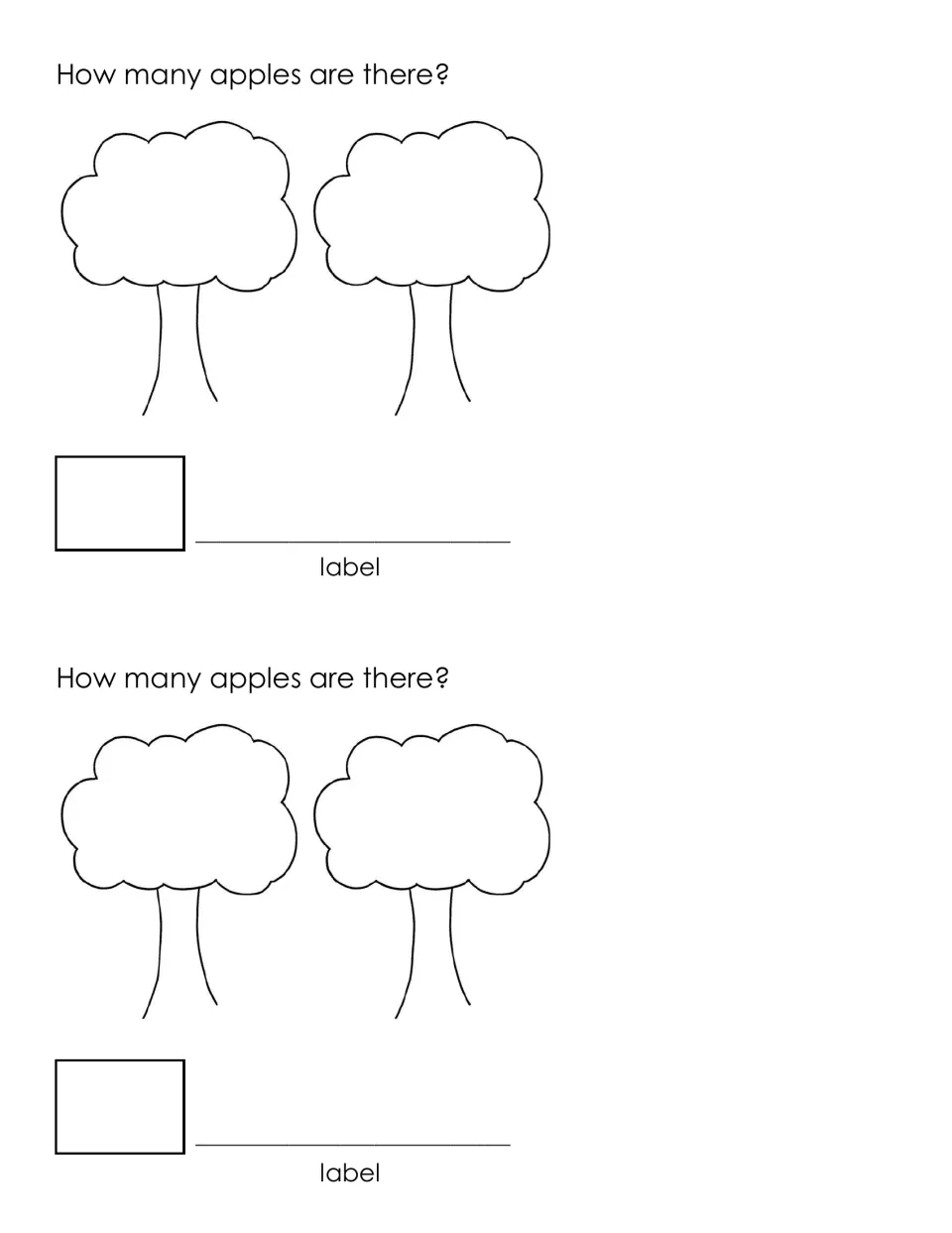 How many apples are there? Two blank trees for writing apple counts; students add them and write the sum and a label