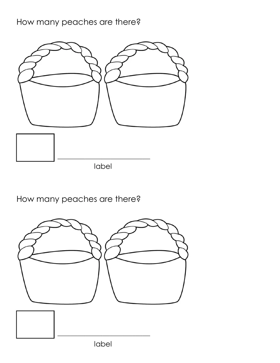 How many peaches are there? Two empty baskets for writing peach counts; students add the two numbers and label the total