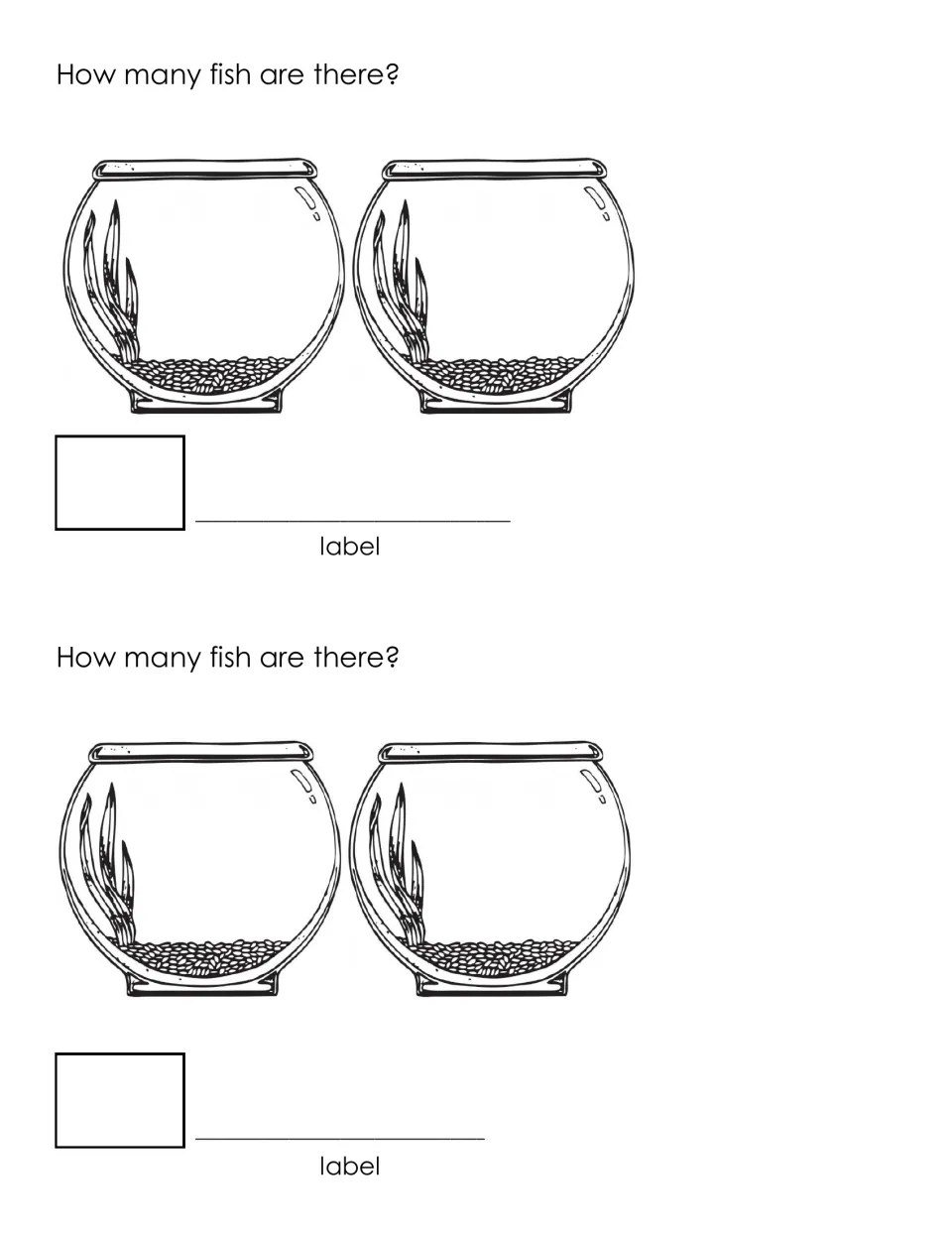 How many fish are there? Two empty fishbowls hold the addends; students find the total number of fish and write a label