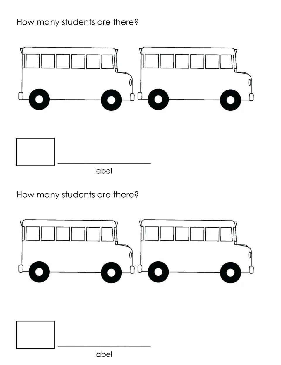 How many students are there? Two school buses carry the addends; students add the riders on both buses and label the sum