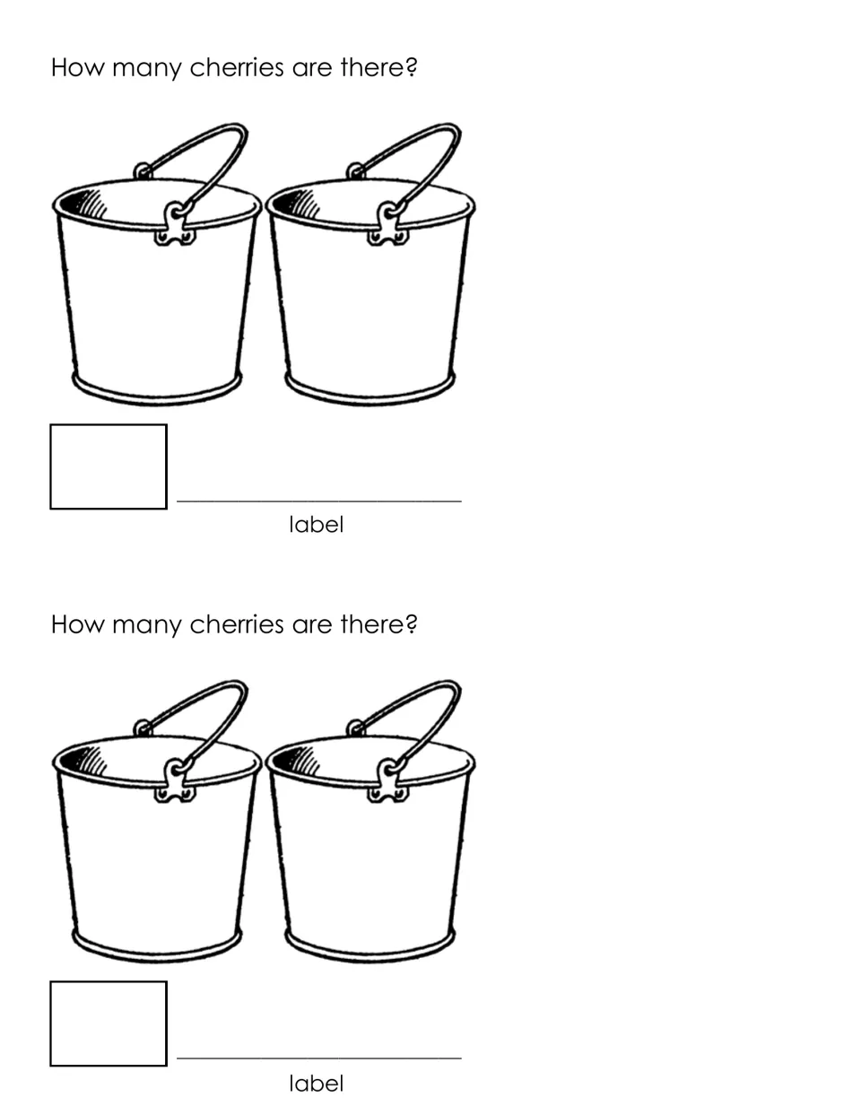 How many cherries are there? Two empty buckets for writing cherry counts; students combine them and write the total
