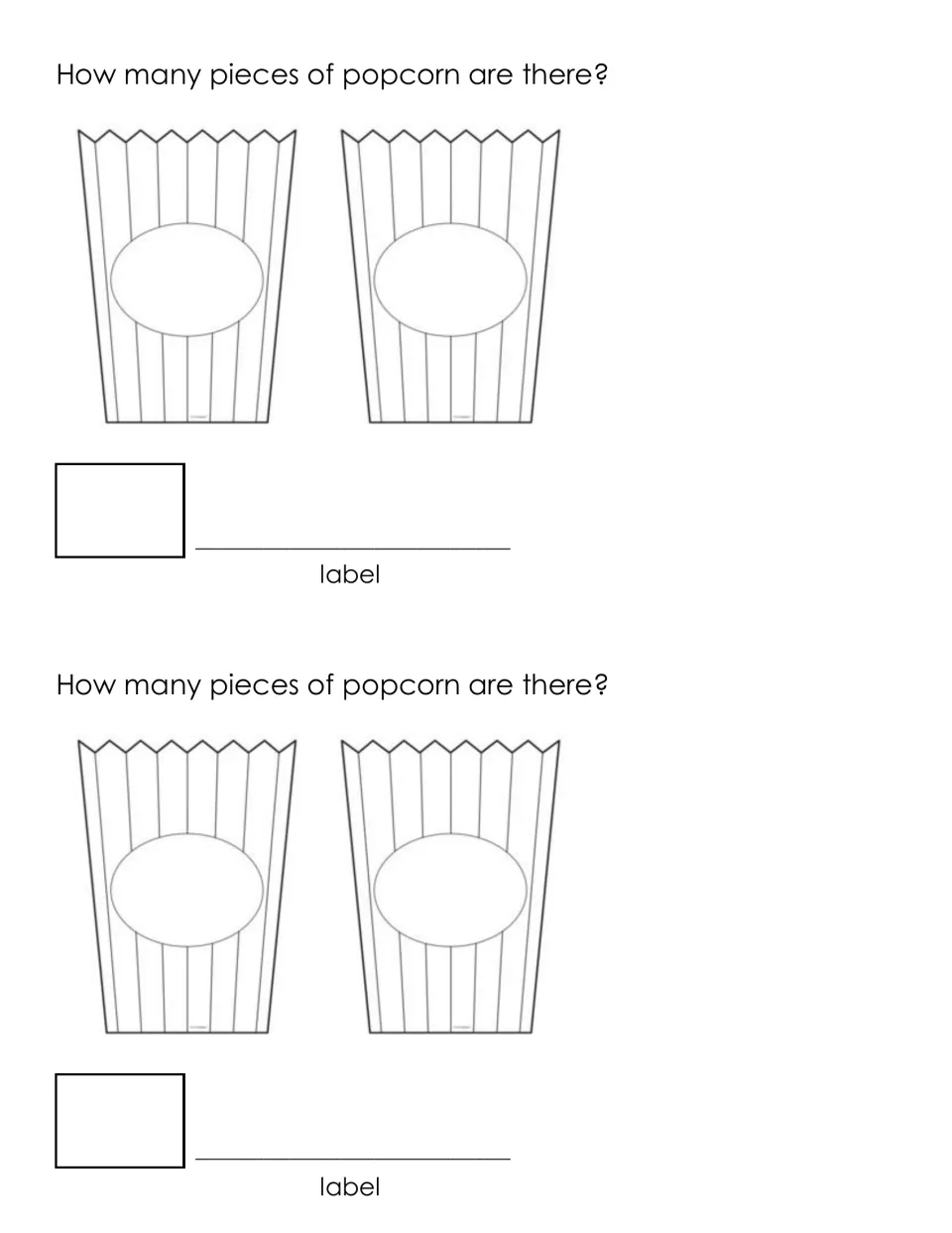 How many pieces of popcorn are there? Two popcorn boxes hold the addends; students add them and label the answer