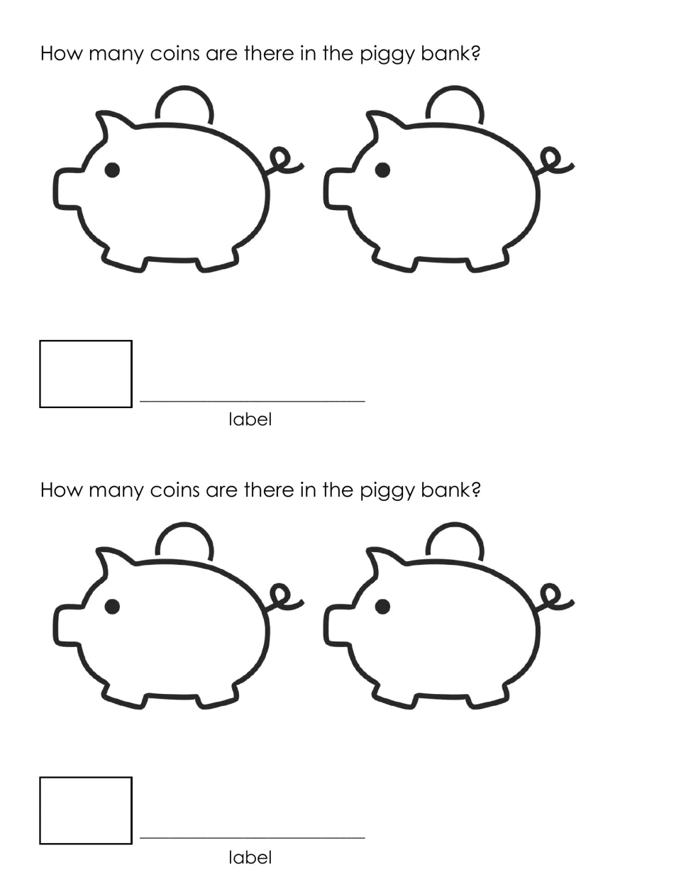 How many coins are there in the piggy bank? Two piggy banks for coin counts; students add both and write the sum