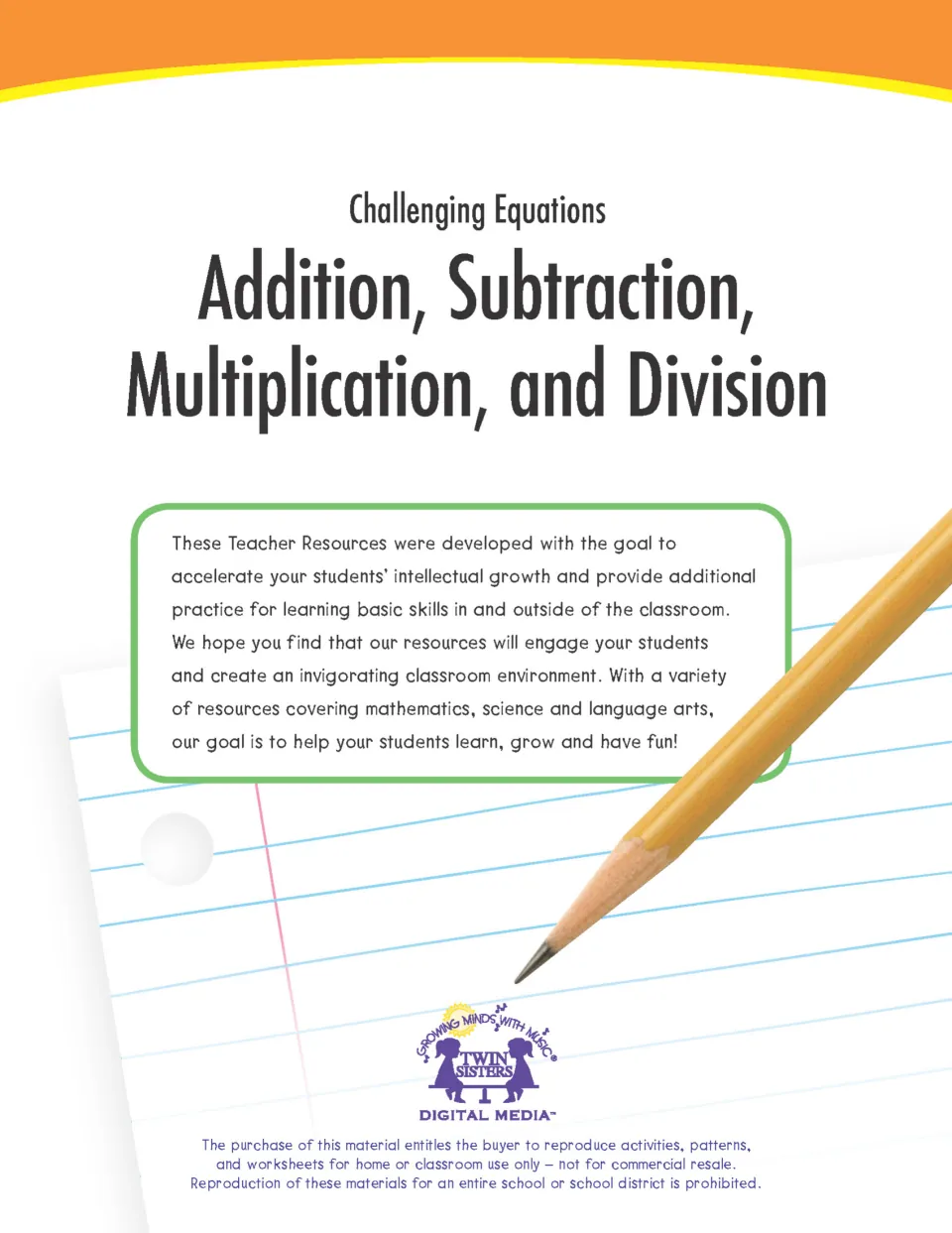 Workbook cover titled Addition, Subtraction, Multiplication, and Division under Challenging Equations