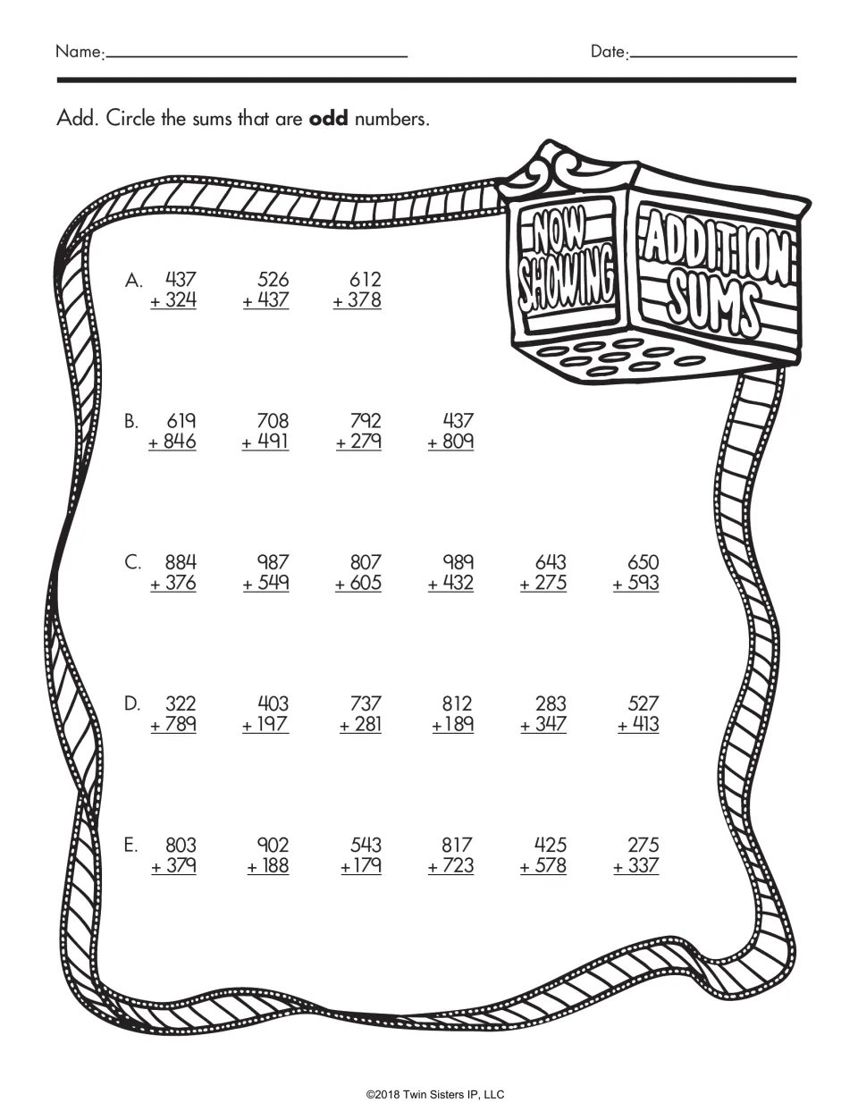 Three-digit addition practice: solve 25 problems, including 437 + 324, and circle sums that are odd