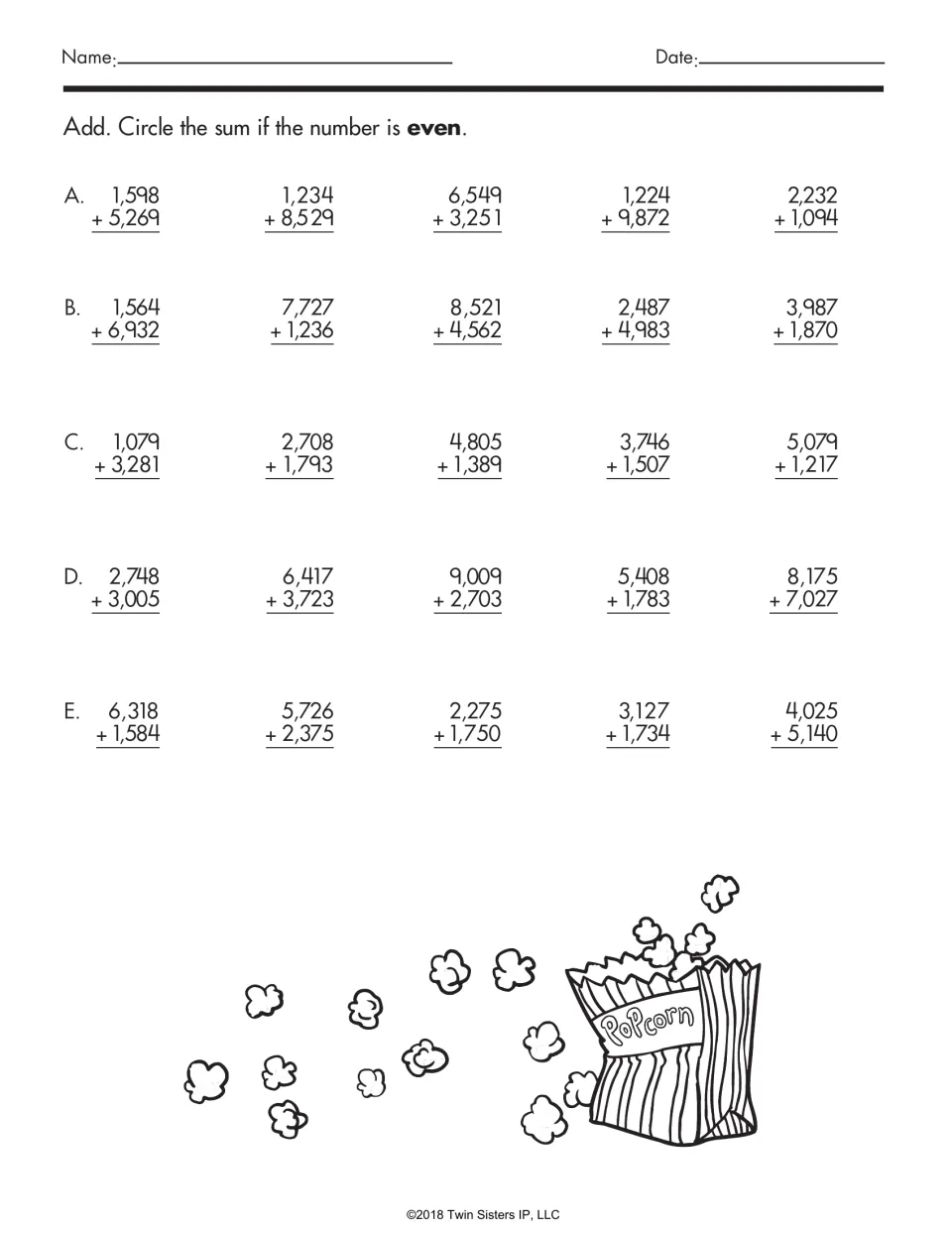 Four-digit addition practice: solve 25 problems, including 1,598 + 5,269, and circle even sums