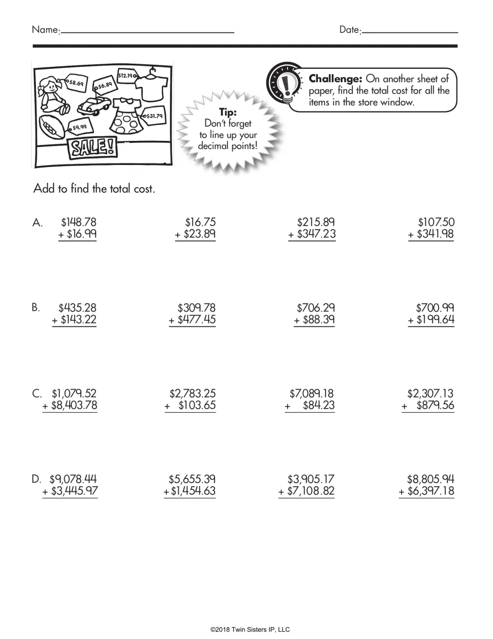 Money addition practice: find 16 total costs, including $148.78 + $16.99, and align decimal points