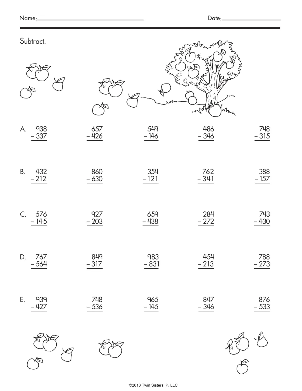 Three-digit subtraction practice: solve 25 problems, including 938 − 337, 657 − 426, and 549 − 146