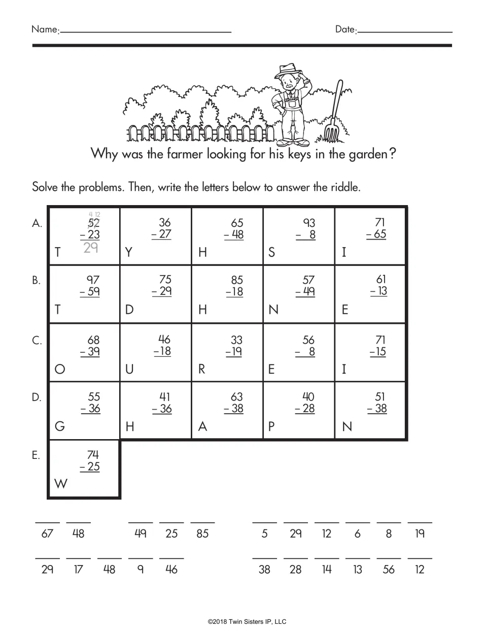 Subtraction riddle activity: solve problems and use letters to explain why a farmer sought his keys