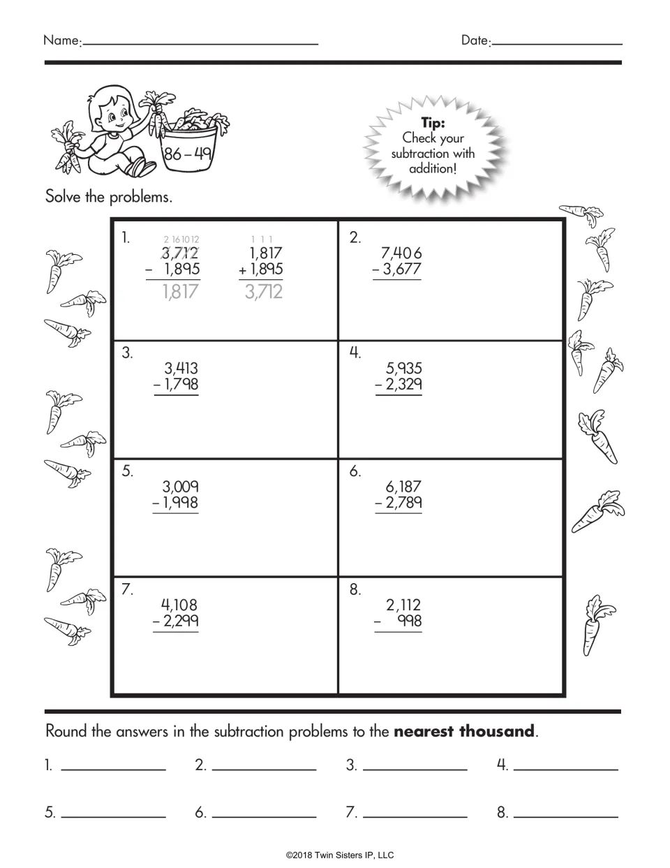 Subtraction and rounding practice: check differences with addition and round to the nearest thousand