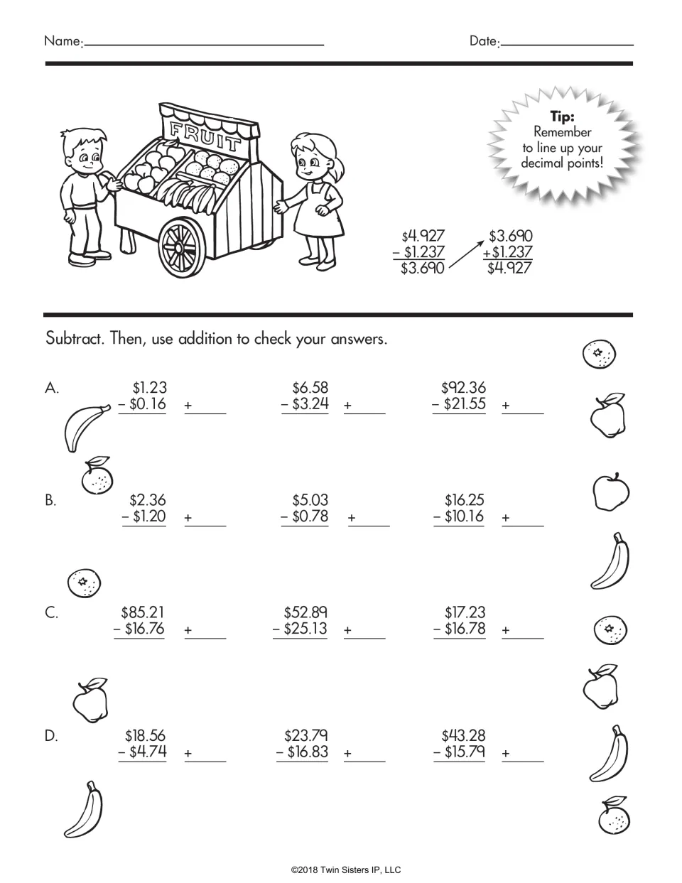 Money subtraction practice: solve 12 problems, including $1.23 − $0.16, and check answers with addition