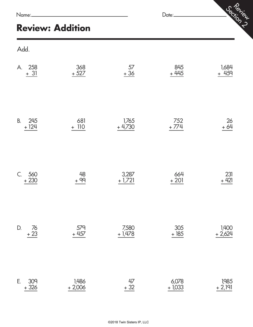 Addition review: solve 25 problems using two-, three-, and four-digit numbers, including 1,684 + 459