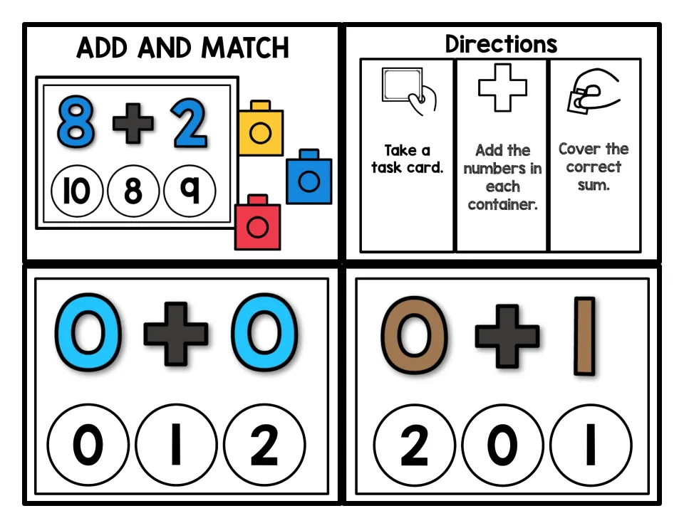 Add and Match directions: take a card, add, and cover the correct sum; practice cards show 0 + 0 and 0 + 1.