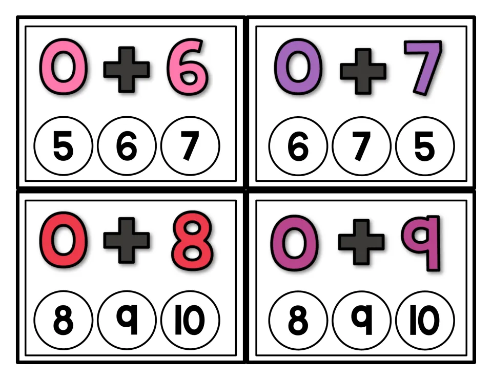 Addition practice cards 7–10 show 0 + 6, 0 + 7, 0 + 8, and 0 + 9, each with three possible sums to cover.
