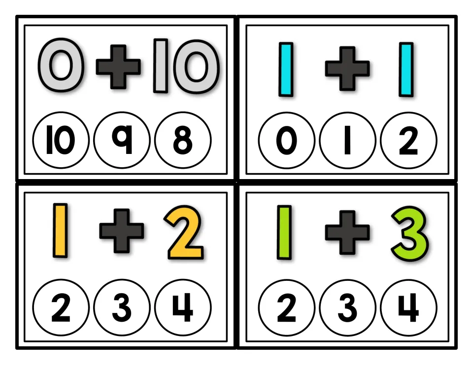 Addition practice cards 11–14 show 0 + 10, 1 + 1, 1 + 2, and 1 + 3, each with three possible sums to cover.