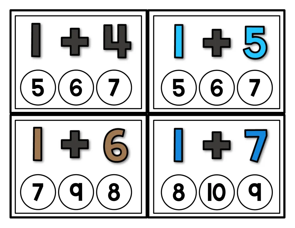 Addition practice cards 15–18 show 1 + 4, 1 + 5, 1 + 6, and 1 + 7, each with three possible sums to cover.