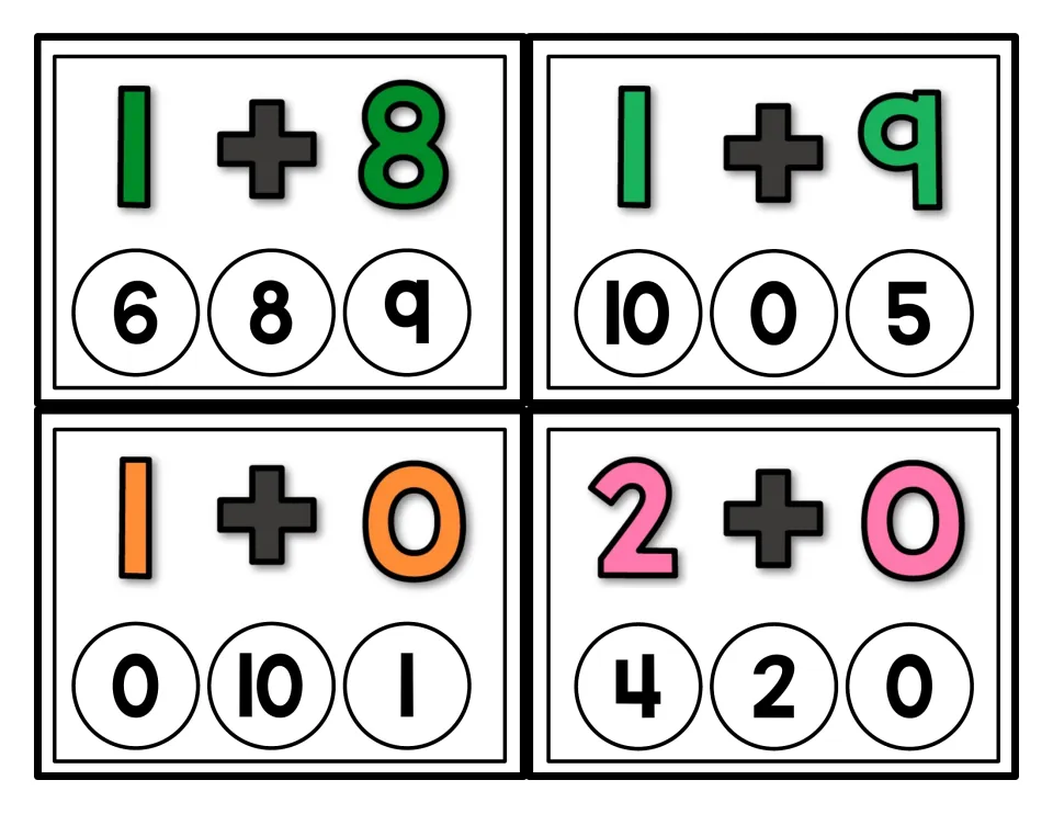 Addition practice cards 19–22 show 1 + 8, 1 + 9, 1 + 0, and 2 + 0, each with three possible sums to cover.
