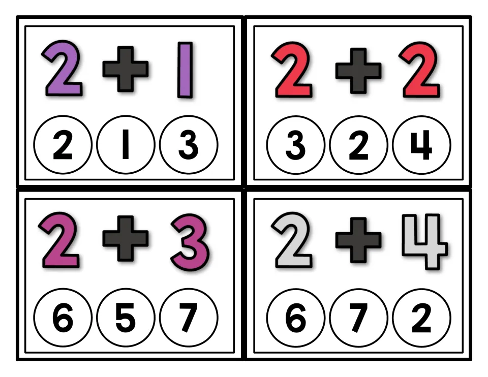 Addition practice cards 23–26 show 2 + 1, 2 + 2, 2 + 3, and 2 + 4, each with three possible sums to cover.