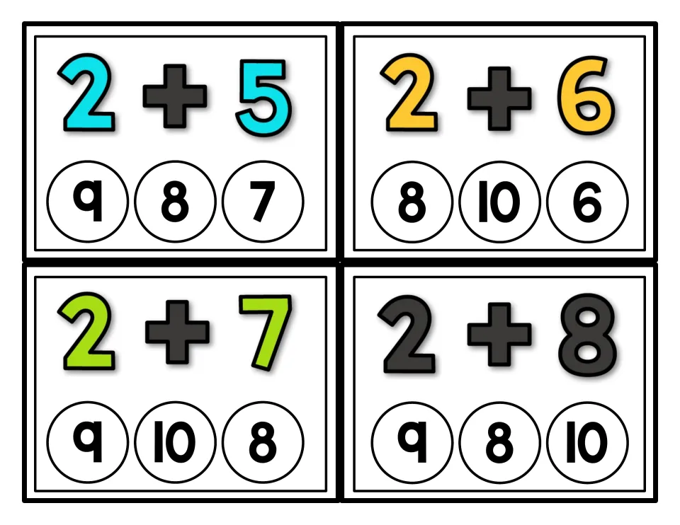 Addition practice cards 27–30 show 2 + 5, 2 + 6, 2 + 7, and 2 + 8, each with three possible sums to cover.