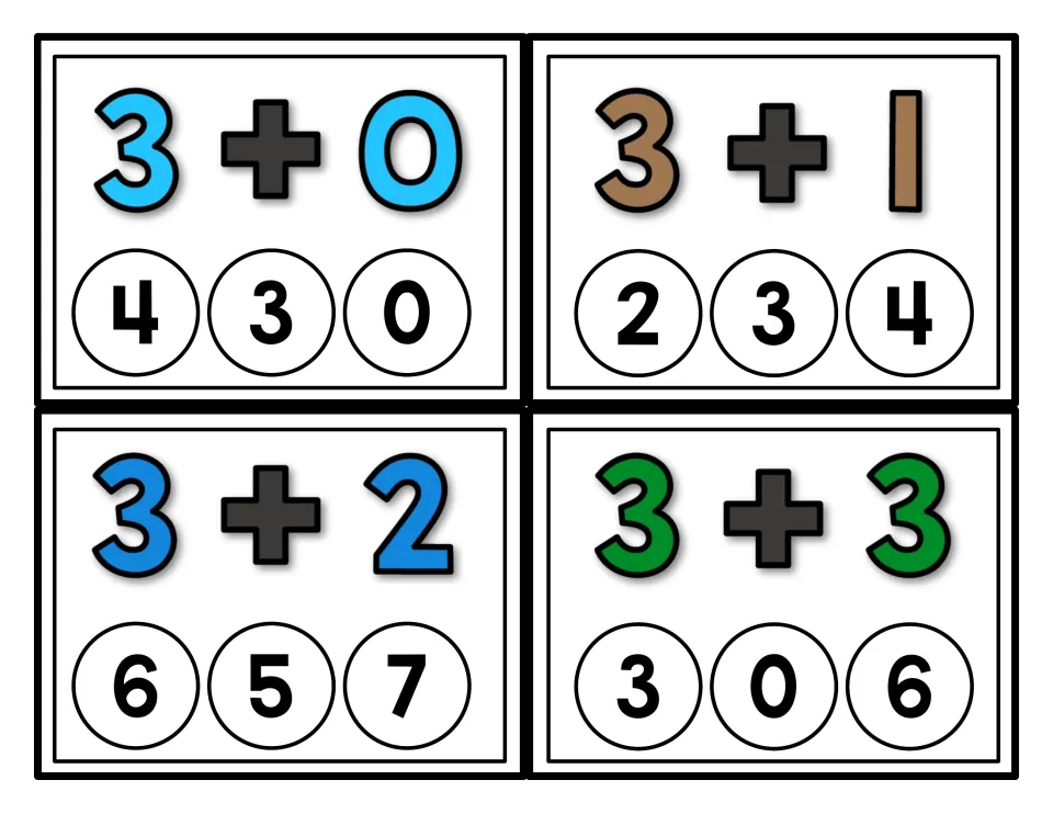 Addition practice cards 31–34 show 3 + 0, 3 + 1, 3 + 2, and 3 + 3, each with three possible sums to cover.