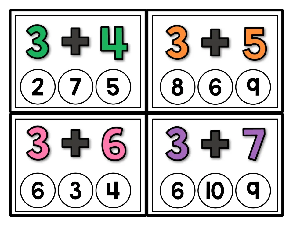 Addition practice cards 35–38 show 3 + 4, 3 + 5, 3 + 6, and 3 + 7; the 3 + 6 choices omit the correct sum.