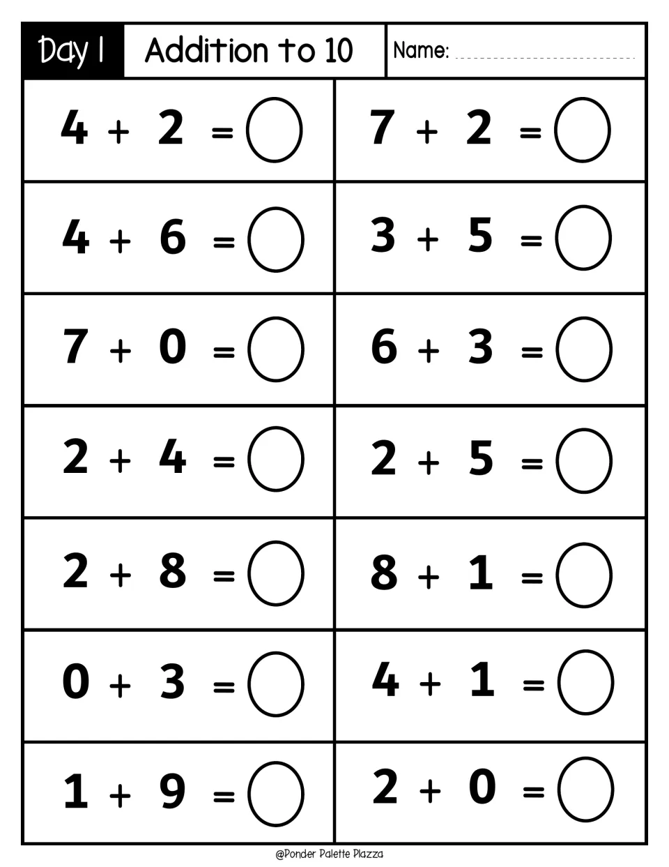 Day 1 Addition to 10: students mentally solve 14 facts such as 4 + 2, 4 + 6 and 1 + 9, writing each sum