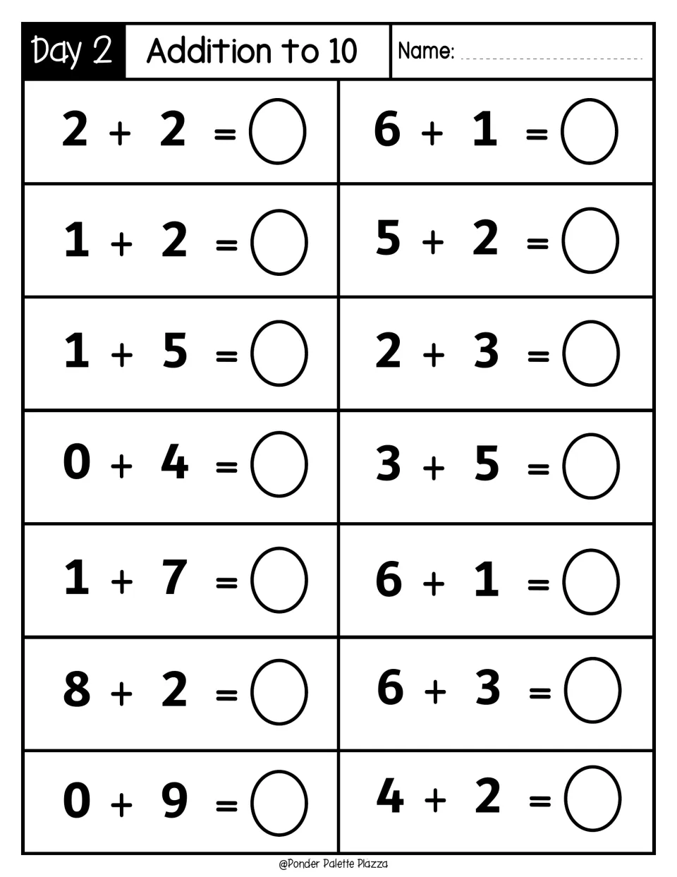 Day 2 Addition to 10: students find sums mentally for 14 facts including 2 + 2, 8 + 2 and 0 + 9