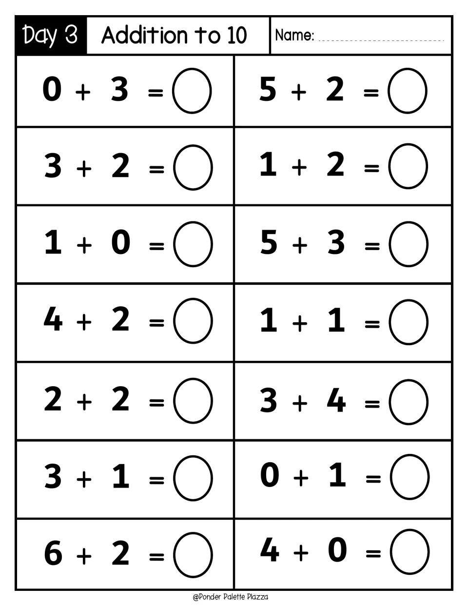 Day 3 Addition to 10: students add 14 small-number facts like 0 + 3, 1 + 0 and 1 + 1, focusing on sums under 9