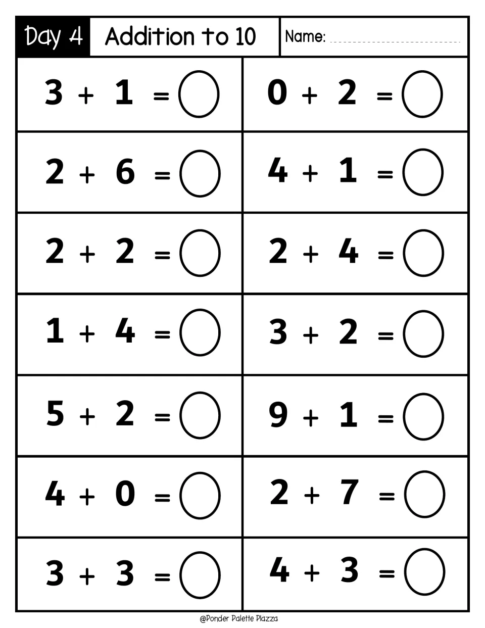 Day 4 Addition to 10: students mentally add 14 facts such as 3 + 1, 2 + 6 and 9 + 1, recording each total
