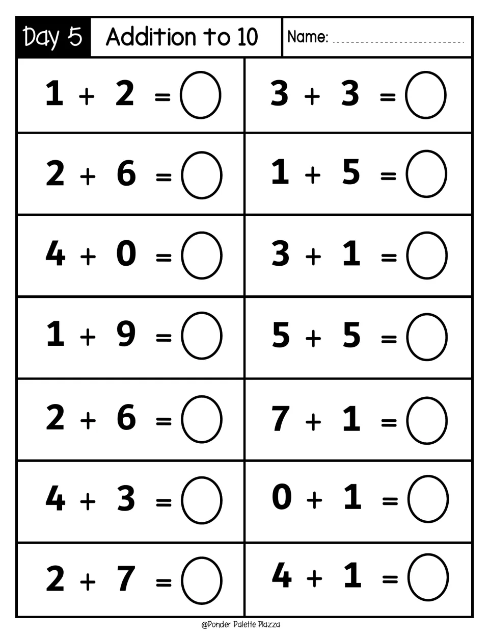 Day 5 Addition to 10: students solve 14 mental math facts including 1 + 9, 5 + 5 and 7 + 1, practising make-10 pairs