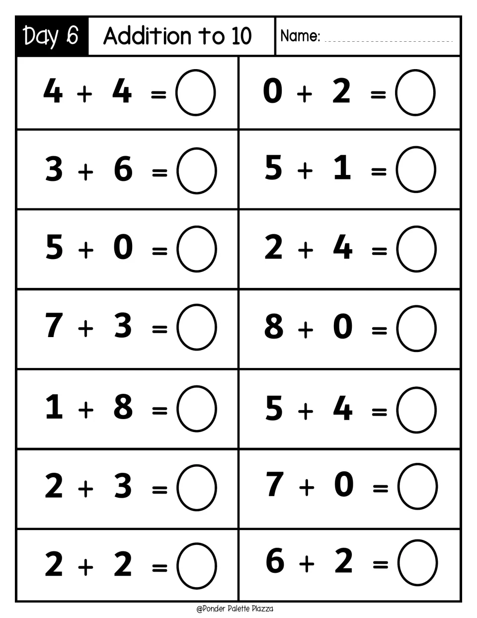 Day 6 Addition to 10: students add 14 facts like 4 + 4, 7 + 3 and 8 + 0, including adding zero and doubles
