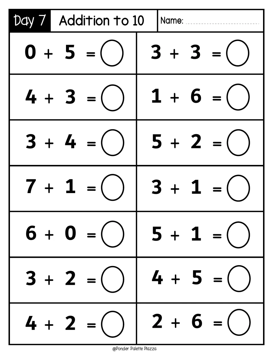 Day 7 Addition to 10: students solve 14 facts such as 4 + 3 and 3 + 4, noticing turnaround pairs with equal sums