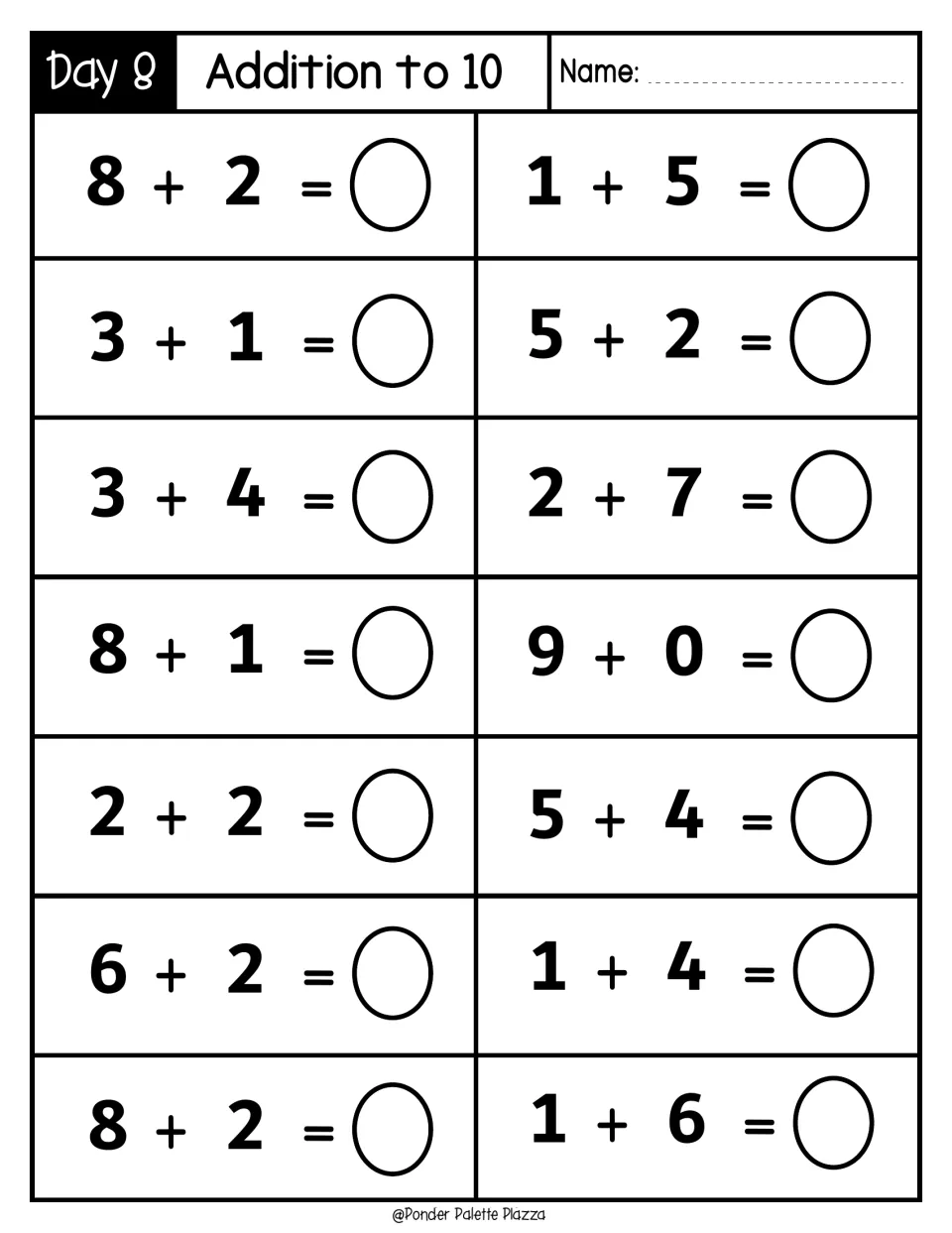 Day 8 Addition to 10: students mentally add 14 facts including 8 + 2, 8 + 1 and 9 + 0, writing each answer
