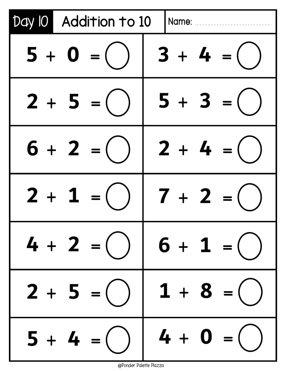 Day 10 Addition to 10: students solve the final 14 facts, such as 5 + 0, 1 + 8 and 5 + 4, to complete the daily set