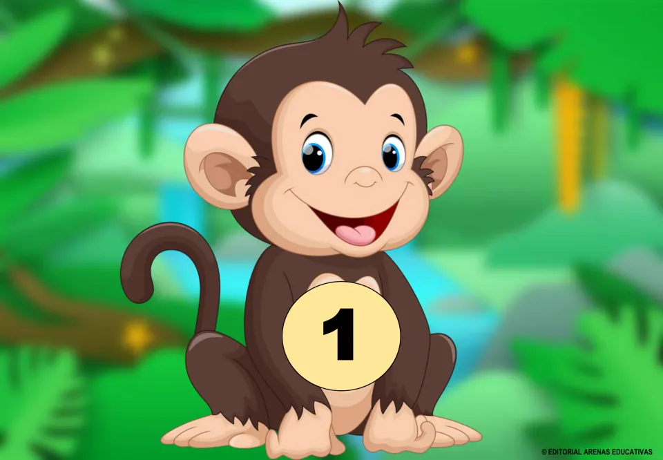 Monkey answer mat numbered 1 for the addition game, where students glue banana cards with a sum of 1