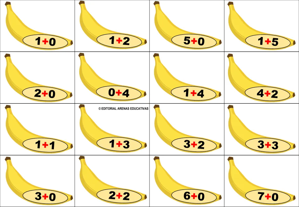 First sheet of 16 banana addition cards for matching to monkey answer mats, including 1+0, 1+2, and 5+0
