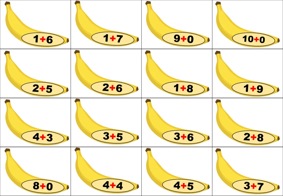 Second sheet of 16 banana addition cards for matching to monkey answer mats, including 1+6, 1+7, and 9+0