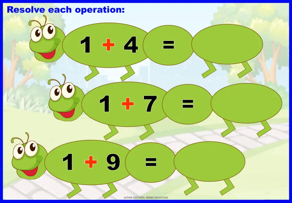 Addition practice sheet 1 of 9: solve 1 + 4, 1 + 7, and 1 + 9, then write the three missing sums.