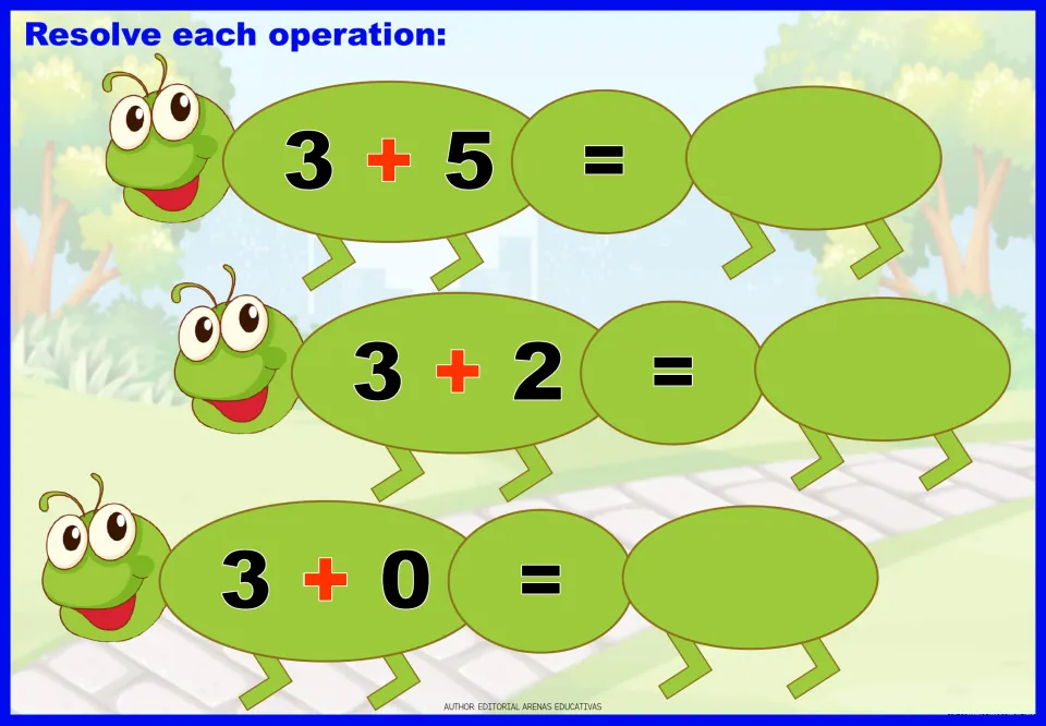 Addition practice sheet 3 of 9: solve 3 + 5, 3 + 2, and 3 + 0, then write the three missing sums.