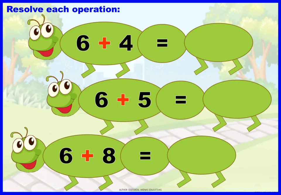 Addition practice sheet 6 of 9: solve 6 + 4, 6 + 5, and 6 + 8, then write the three missing sums.