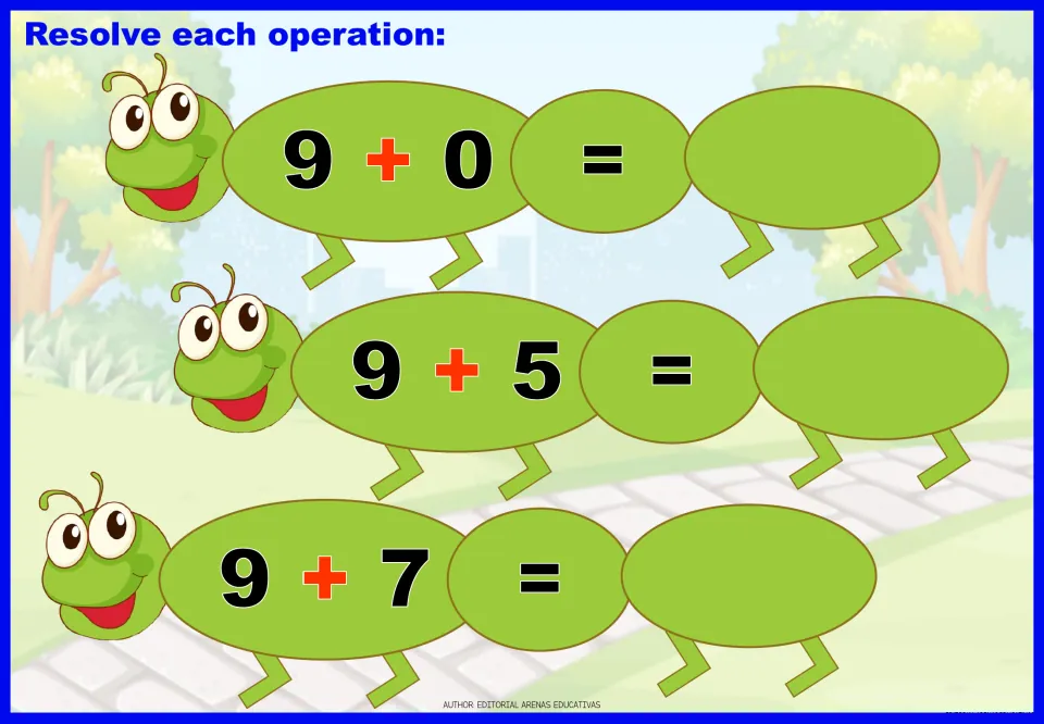 Addition practice sheet 9 of 9: solve 9 + 0, 9 + 5, and 9 + 7, then write the three missing sums.