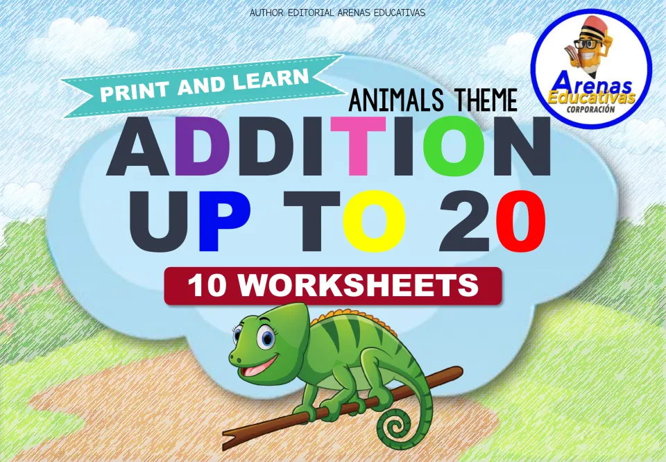 Animals theme addition up to 20 cover: Print and Learn set of 10 worksheets, shown with a smiling chameleon on a branch