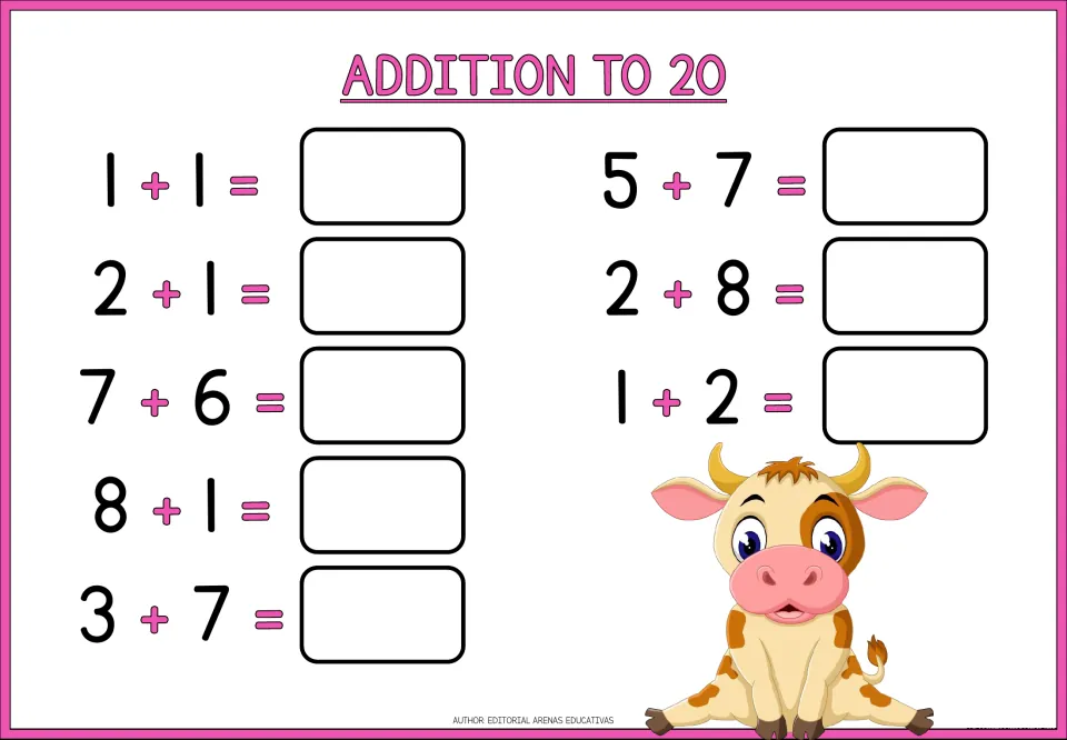 Sums to 20, cow page: students add eight pairs such as 1 + 1, 7 + 6 and 5 + 7 and write each total